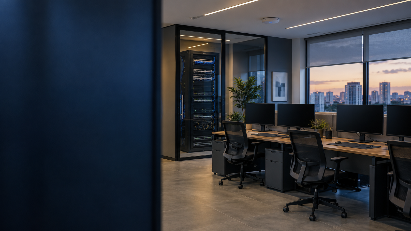 Ambiente corporativo moderno com infraestrutura de tecnologia integrada