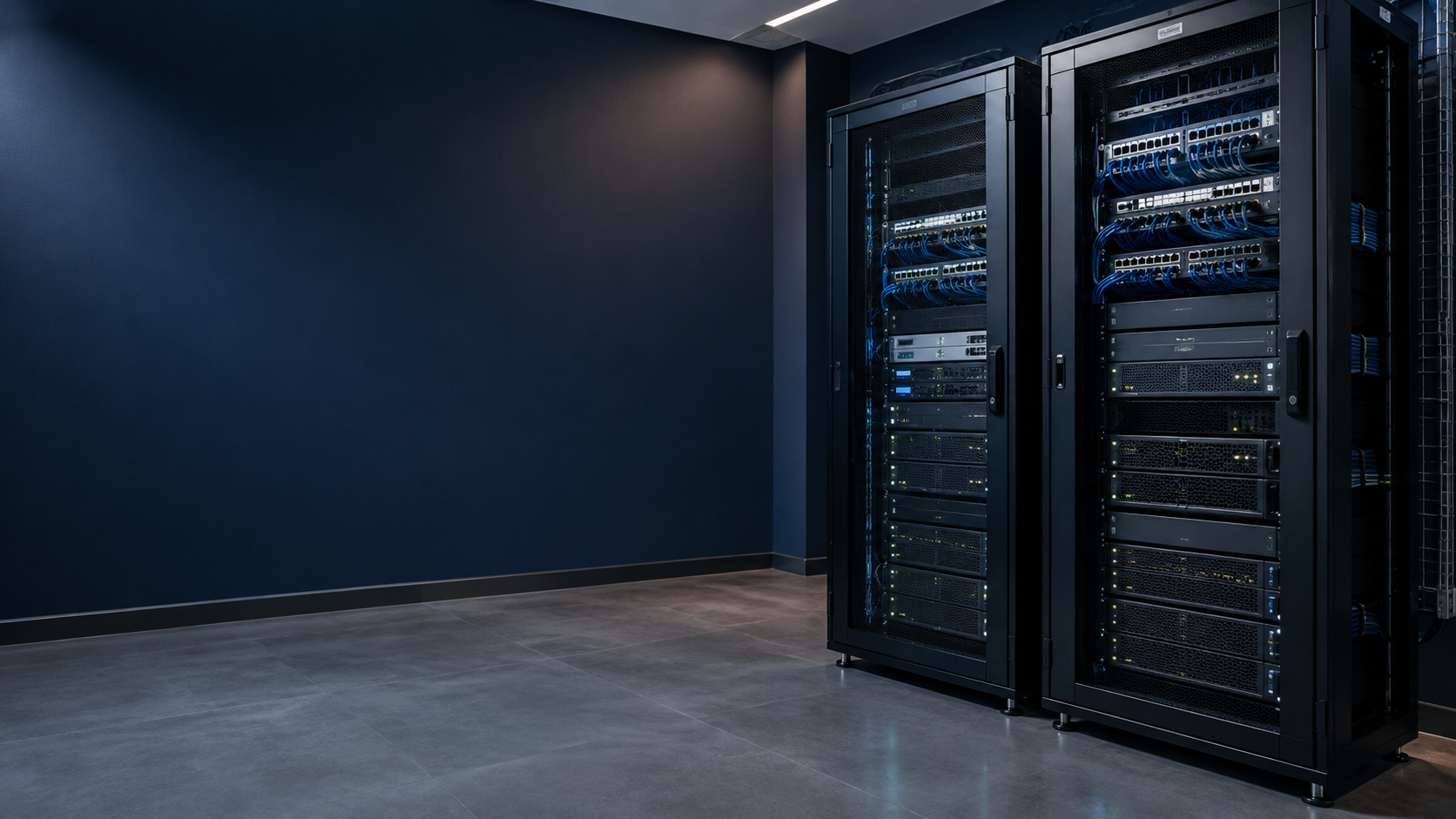 Racks corporativos organizados em ambiente de infraestrutura